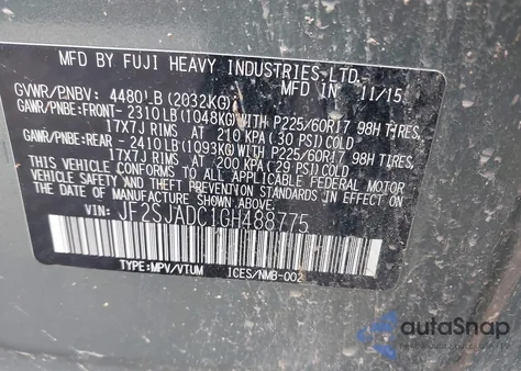 2016 Subaru Forester 2.5I Premium z USA, uszkodzony, nr VIN JF2SJADC1GH488775